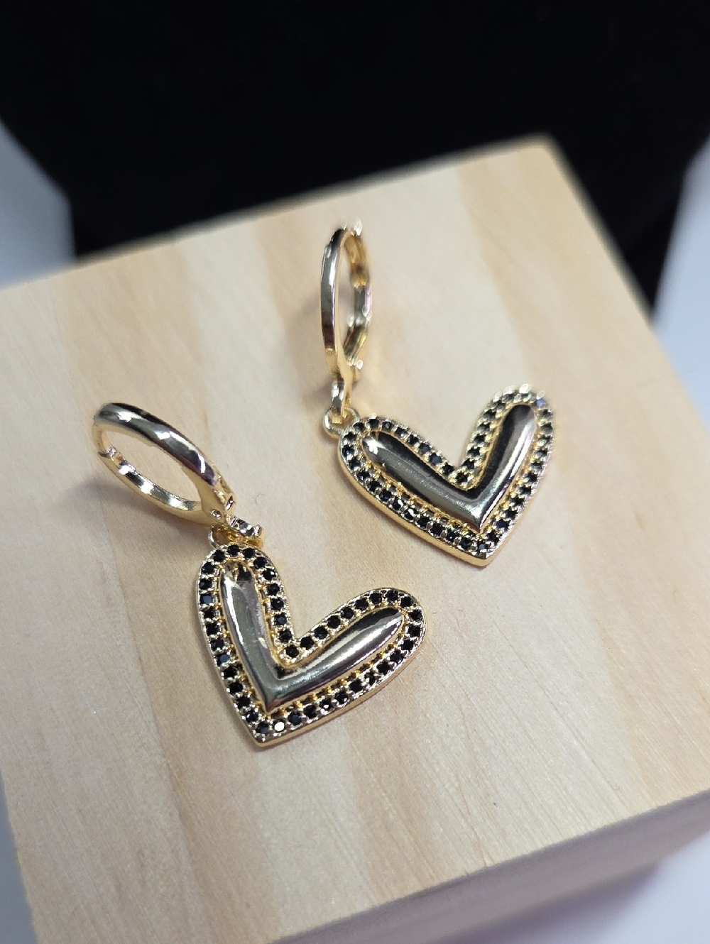 Gold Heart Drop Earrings with Black Accents - Women Jewelry